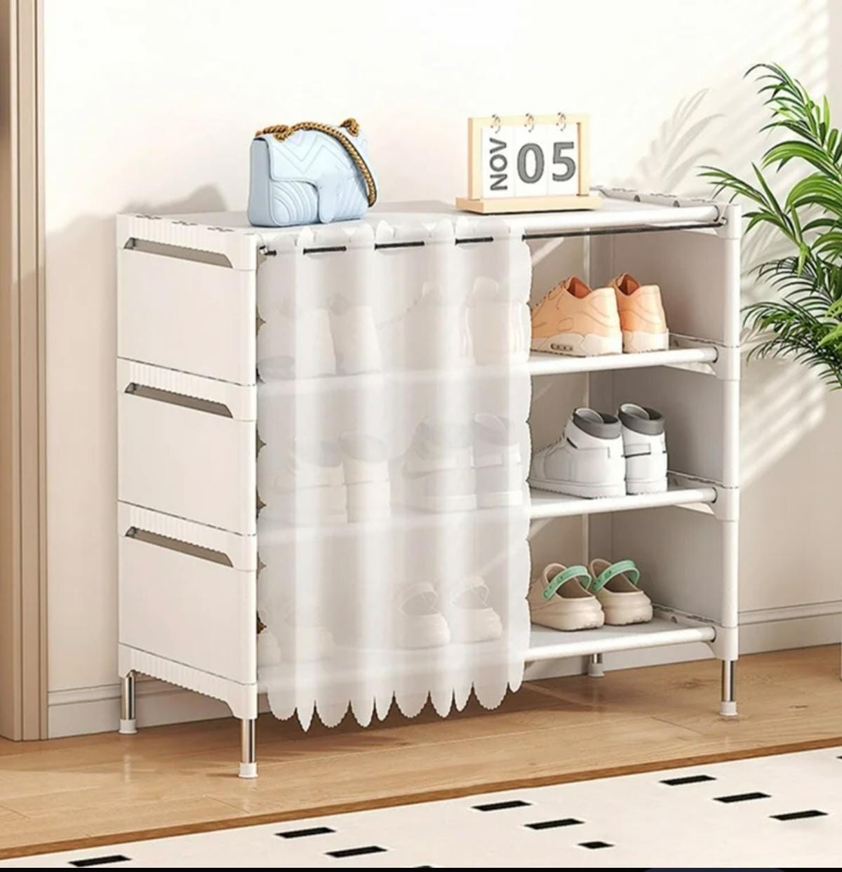 Closed Shoe Rack with Curtain Cover 3 tier